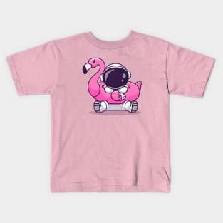 Cute Astronaut Wearing Flamingo Swimming Tires Cartoon Kids T-Shirt